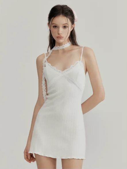 White suspender lace edge neckline waist slimming slimming simple short skirt homecoming dress R4813