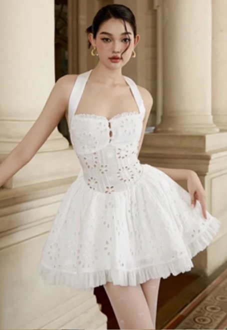 White halterneck hollow waist elegant A-line long skirt short skirt homecoming dress R4648