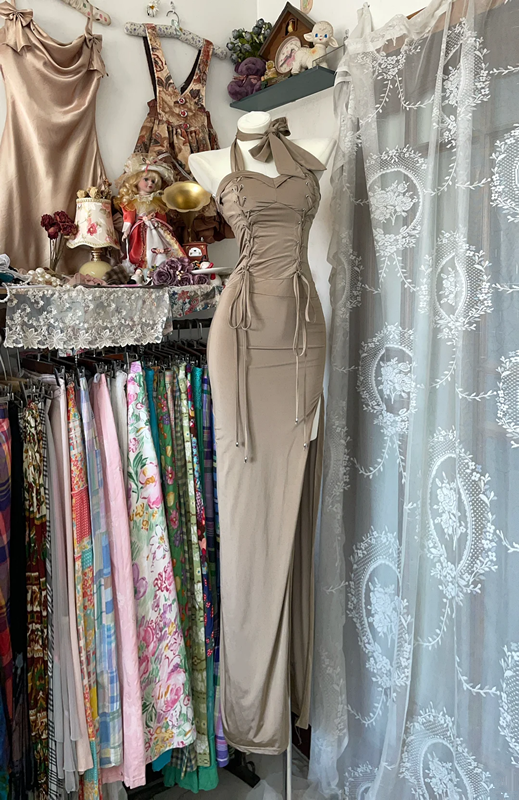Light brown halter neck slim waist sexy hip long skirt prom dress R6147