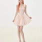 Light pink suspender waist slim A-line short skirt homecoming dress R5237