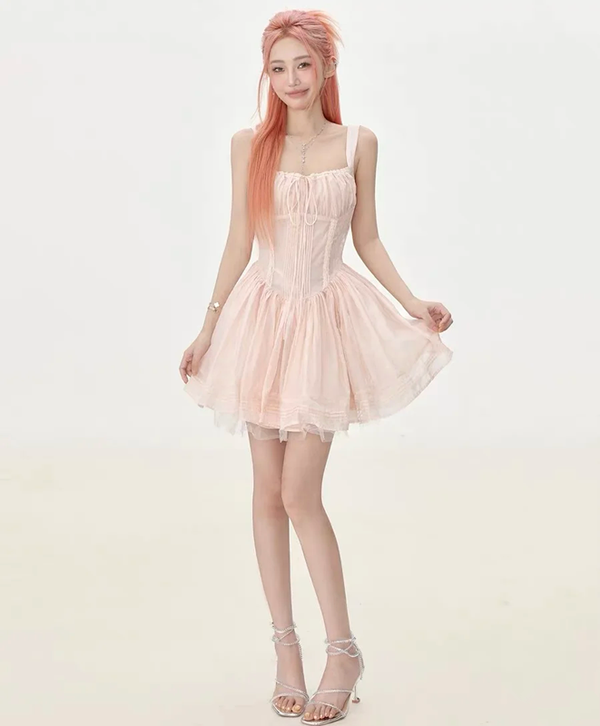 Light pink suspender waist slim A-line short skirt homecoming dress R5237