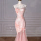 Pink halter neck slim waist hip-hugging fishtail maxi skirt, prom dress R5310