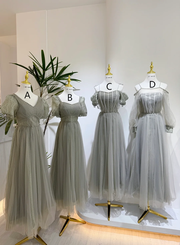 Gray-green chiffon waist-cinched elegant ball gown, bridesmaid dress R5948