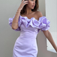 Light purple one-shoulder slim waist hip-hugging short skirt homecoming dress R5516