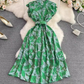 Gentle style stand-up collar, slim waist, printed A-line long swing dress 2025 high waist elegant long skirt R0359
