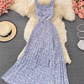 2025 new French floral dress sweet fairy suspender long skirt holiday knee-length pleated dress R0376