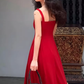Retro red suspender dress with elegant waist and square neck, gentle A-line long skirt R1431
