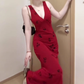 Retro V-neck red suspender dress sexy waist temperament hip fishtail long skirt R0712