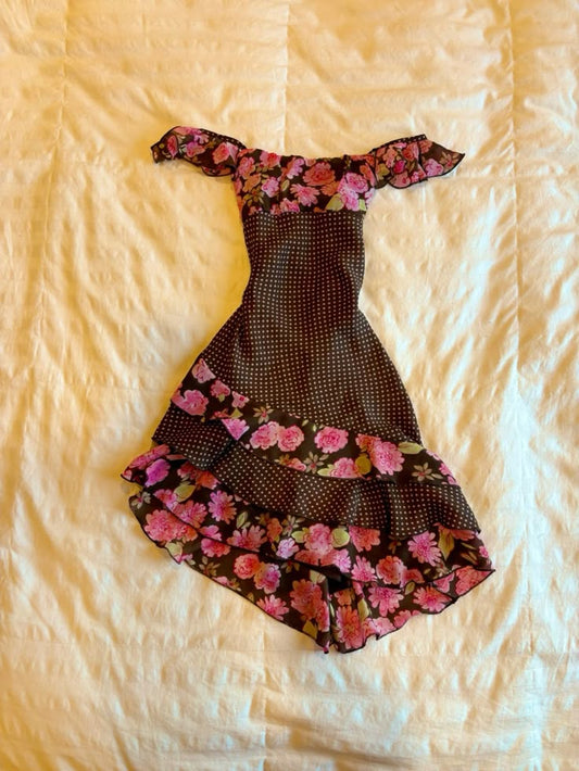 Retro flower polka dot one-shoulder waist irregular skirt homecoming dress R2631