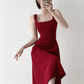 Retro red square neck suspender dress temperament waist banquet engagement A-line dress R1427