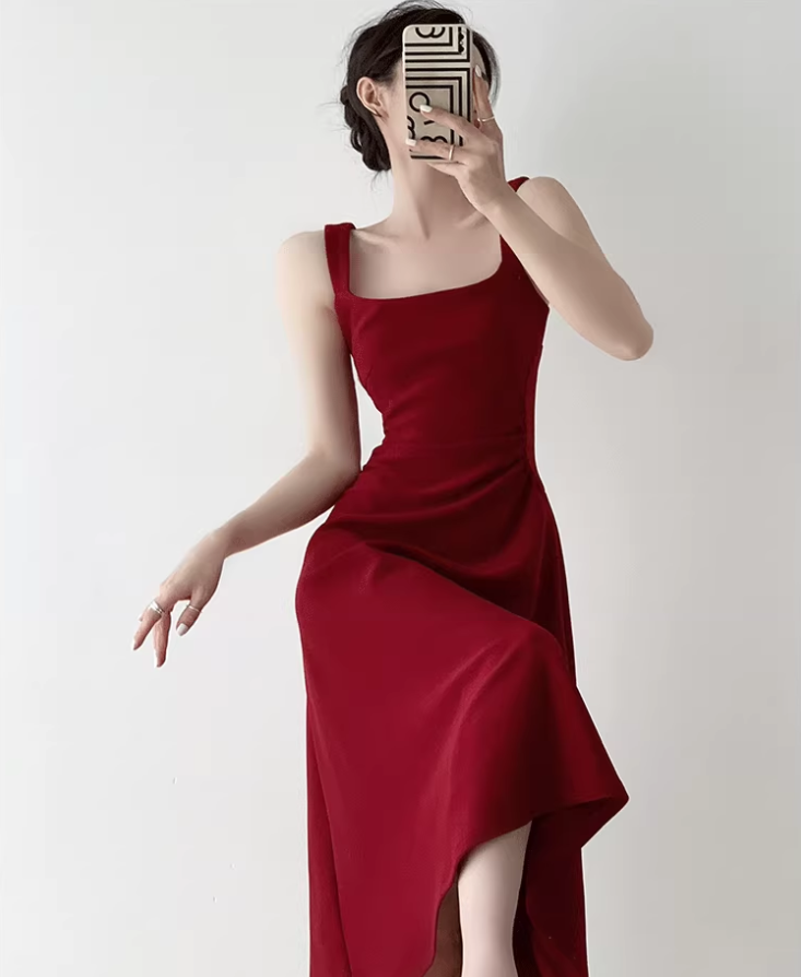 Retro red square neck suspender dress temperament waist banquet engagement A-line dress R1427