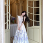 V-neck small flying sleeves printed hollow waist dress women's summer French temperament skirt R4618