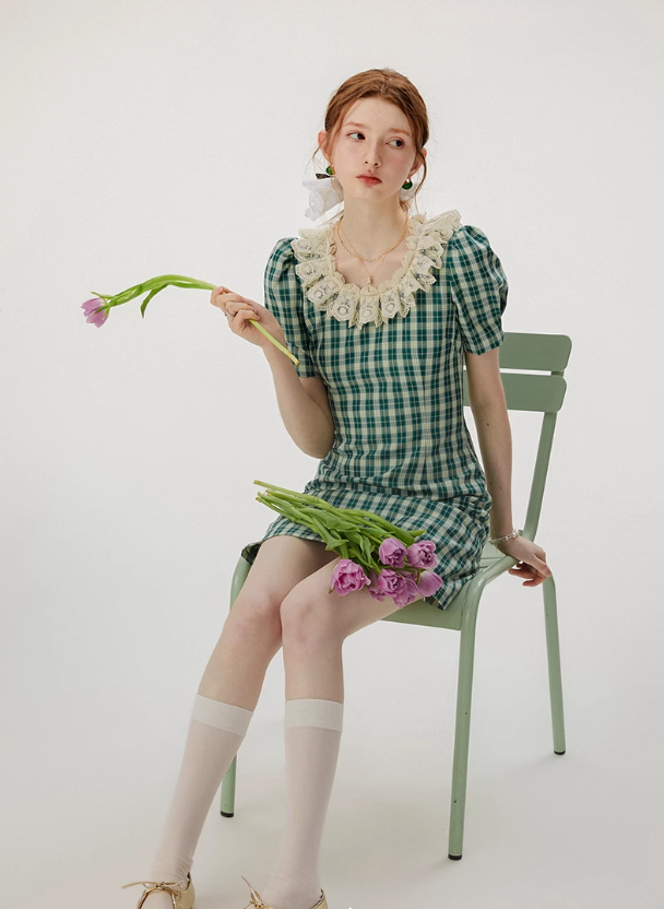 French style green plaid dress summer retro short skirt R2764