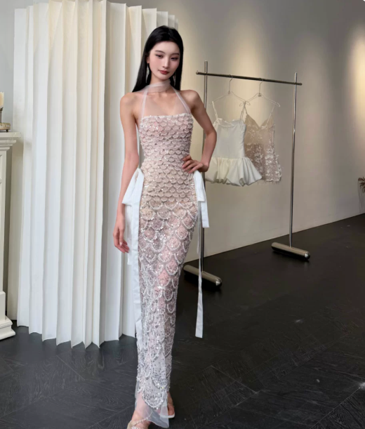Niche French-style Sequin Sheath Halter Fish-scale Pattern Maxi Prom Dress RS321