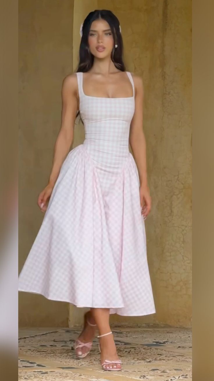 Pink and white checkered suspenders slim long A-line skirt homecoming dress R2488