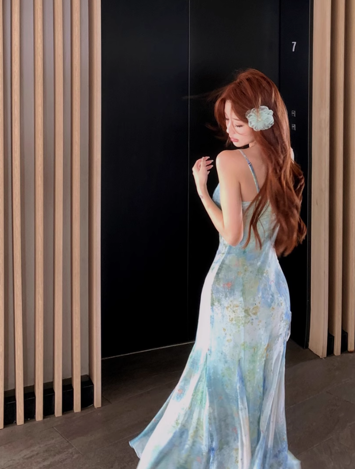 Blending fishtail skirt waist slimming princess holiday suspender dress long skirt R1737