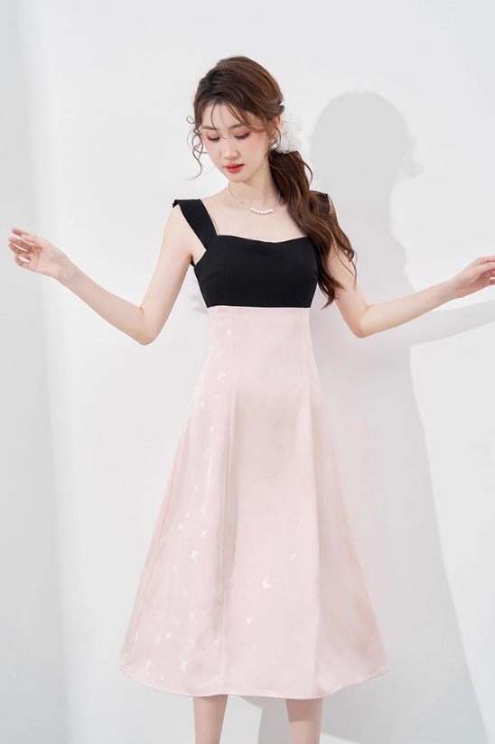 Beautiful dress new summer women's French temperament waist mid-length sleeveless pink skirt R4261