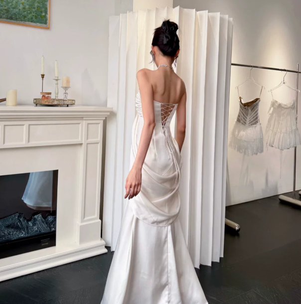 French Niche White Mermaid Strapless Corset Maxi Women Dress Evening Dress RS329