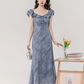 French gentle style retro blue lotus leaf collar dress beautiful waist A-line long skirt R0879