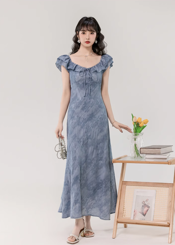 French gentle style retro blue lotus leaf collar dress beautiful waist A-line long skirt R0879