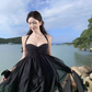 Black sexy tube top long skirt elegant and fairy irregular hem halter neck backless beach dress R1618