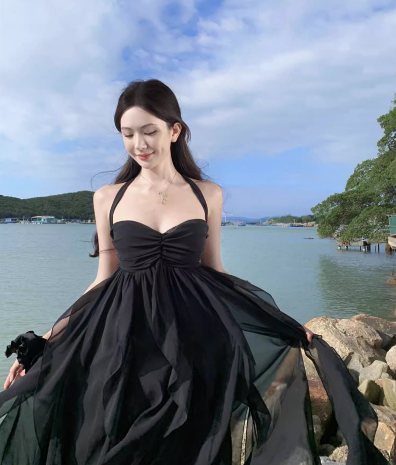 Black sexy tube top long skirt elegant and fairy irregular hem halter neck backless beach dress R1618