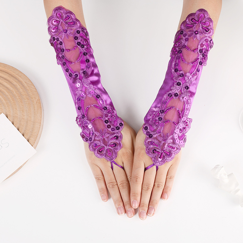 Hollow gloves wedding dress long lace embroidery nail beaded fingerless wedding gloves hook finger     S6250