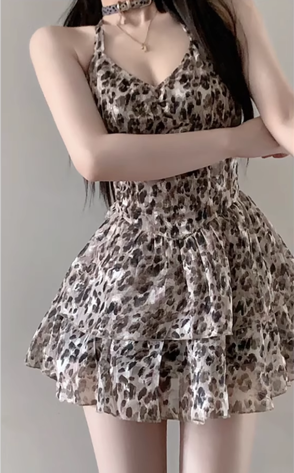 French pure desire temperament leopard print slim fairy dress waist halter dress R1634