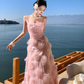 Pink flower suspender dress gentle temperament beautiful dress R0800