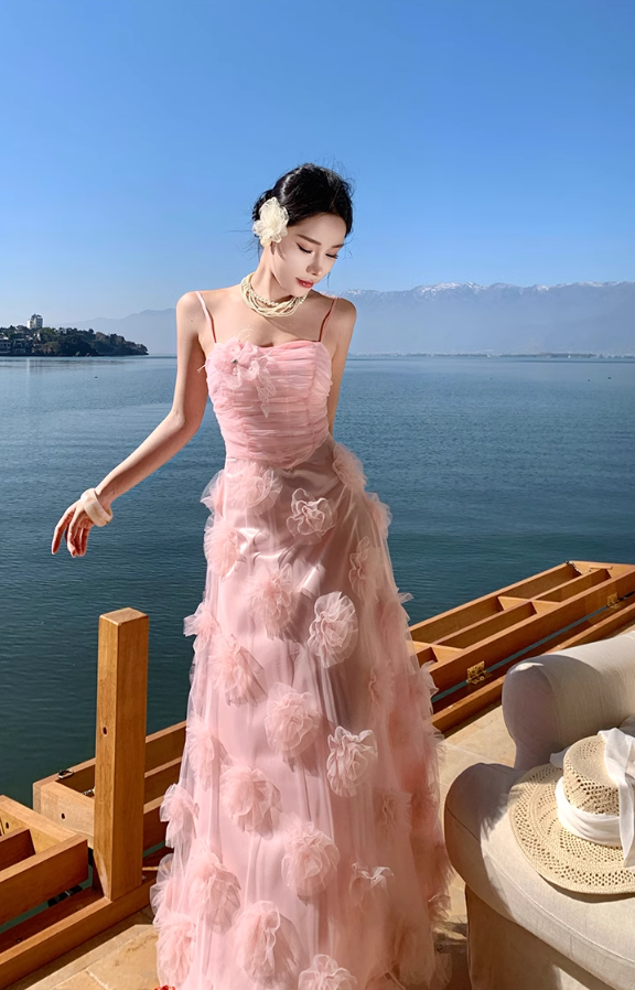 Pink flower suspender dress gentle temperament beautiful dress R0800