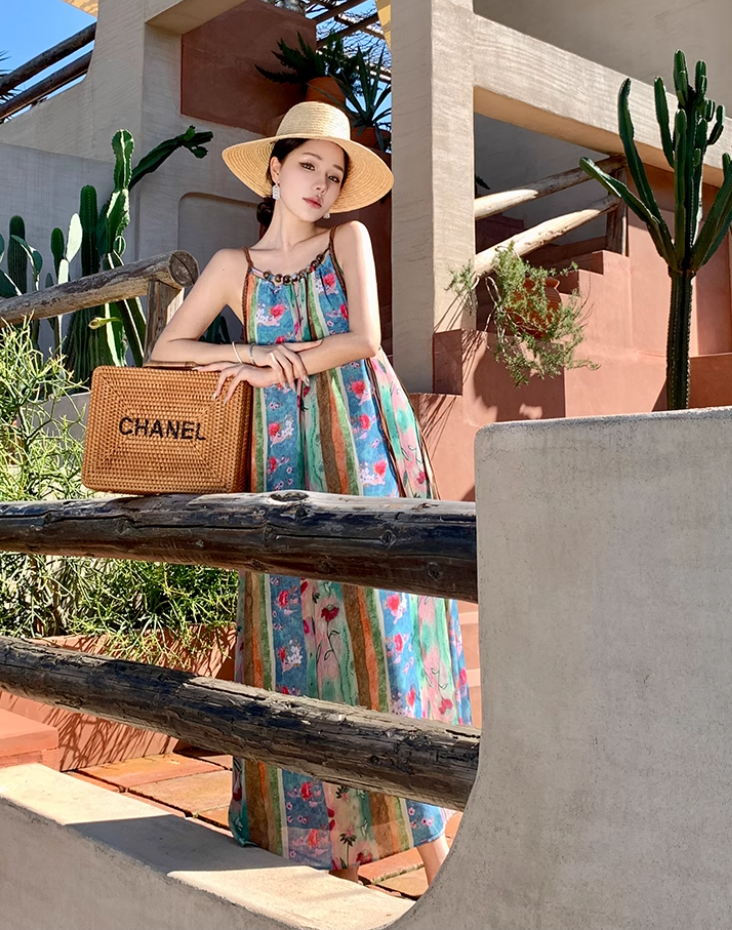 Travel wear beach dress retro travel seaside vacation floral suspender dress R1585