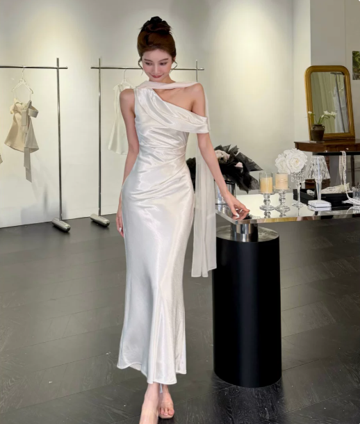 French Chic White Sheath One-shoulder Bodycon Maxi Women Dress Evening Dress RS330