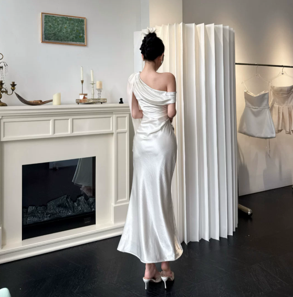 French Chic White Sheath One-shoulder Bodycon Maxi Women Dress Evening Dress RS330