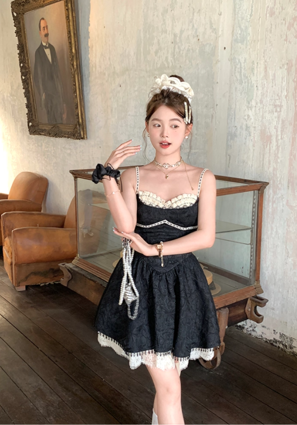 Black mid-length waist a-line suspender dress summer French retro skirt R4909