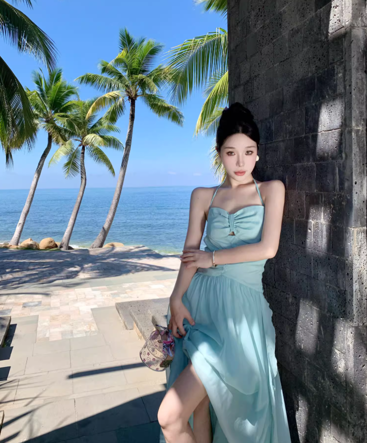 Travel wear fairy air backless dress seaside vacation dopamine green fairy long skirt R1594