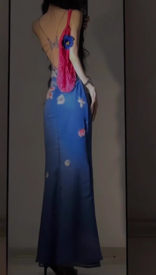 Retro blue floral dress sexy waist slim hip suspender skirt R0640