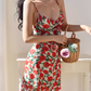 French sexy backless waist slim rose print retro suspender long dress holiday dress R2803