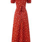 2025 Summer New Red Floral Tea Break Ruffled V-Neck French Waist Dress R0918