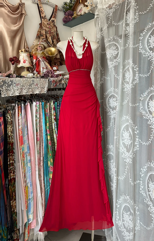 Red halter neck slim waist sexy A-line hip long skirt ball gown R6148