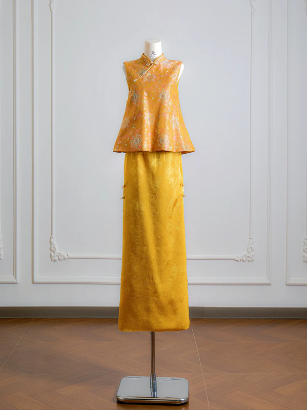 Gold Chinese-style neckline fitted top and skirt set, ball gown, bridal dress R8134