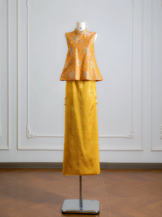 Gold Chinese-style neckline fitted top and skirt set, ball gown, bridal dress R8134