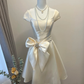 White short sleeve elegant neckline satin waist slim fit short skirt homecoming dress R4168