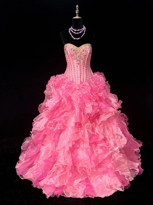 Pink strapless, fitted waist, full skirt, long ball gown R8695