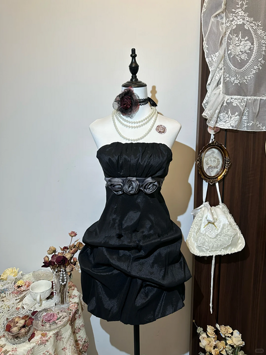 Black tube top waist bud skirt short skirt homecoming dress R4244