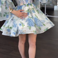 Blue floral tube top waist puffy A-line short skirt homecoming dress R5558
