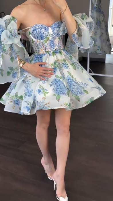 Blue floral tube top waist puffy A-line short skirt homecoming dress R5558