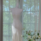 White halter-neck fitted bodycon long ball gown R7662
