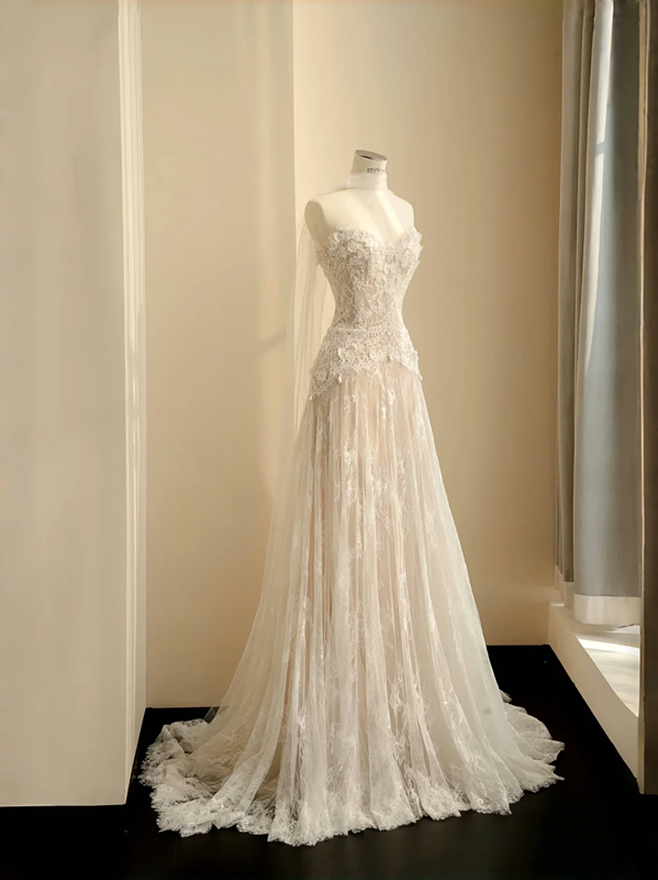 Apricot lace tube top slim waist A-line maxi skirt, prom dress R5673