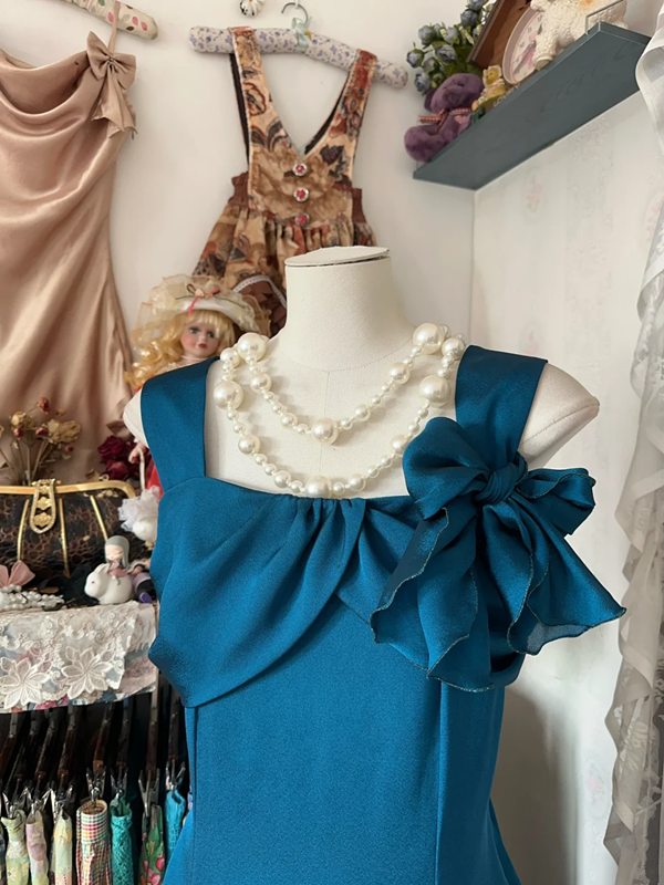 Dark blue tank top, fitted A-line long skirt, ball gown R6308