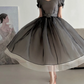 Gray square-neck, waist-cinched, full-skirted elegant prom dress R7973